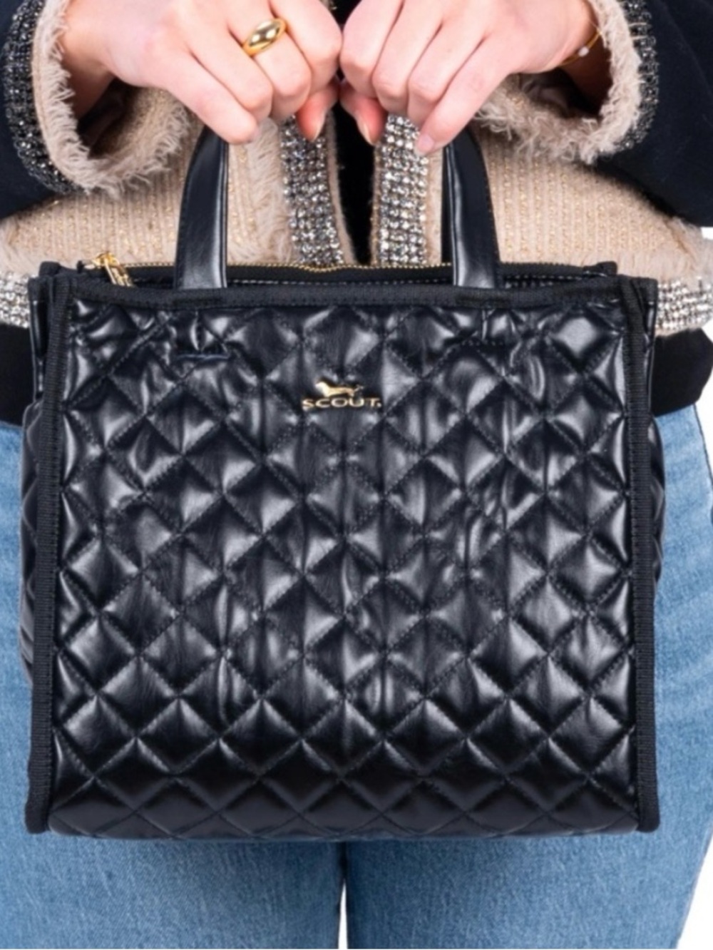 SCOUT Union Square Tote Bag Quilted  Black with Gold Logo